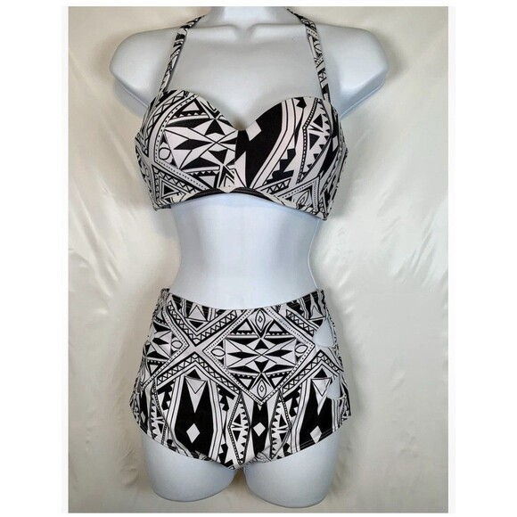 Black White Geometry Push Up Padded High Waist Bathing Swimsuit Bikini Small - Picture 2 of 7